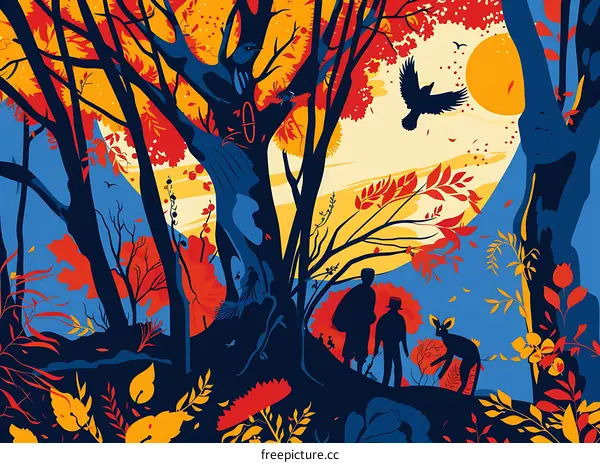 Silhouette of Two People Walking in a Forest with a Bright Orange Sun in the Background