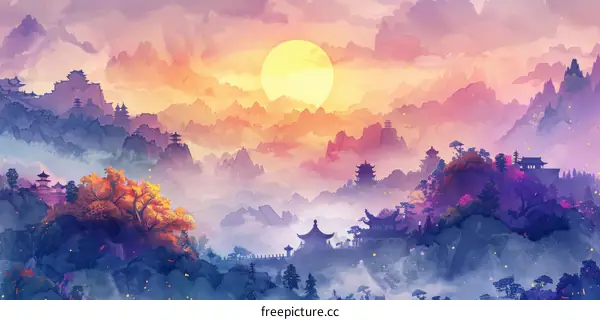 Misty Mountain Landscape with Traditional Chinese Buildings and Structures