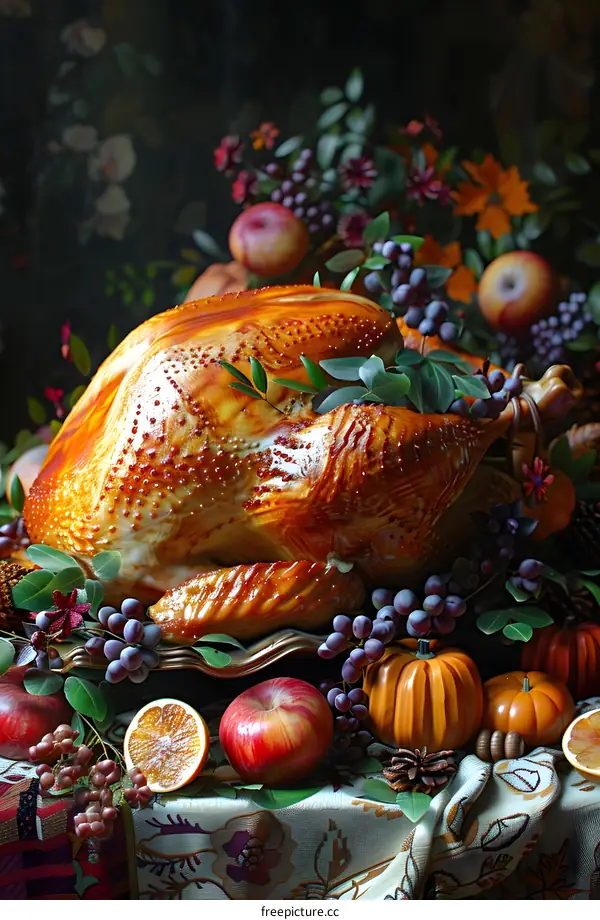 Thanksgiving dinner with roasted turkey, pumpkins, apples and grapes