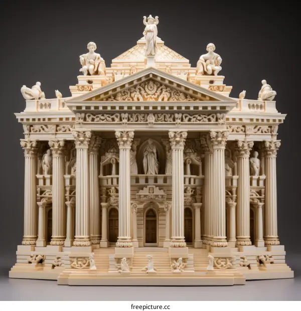 An illustration of a classical Greek temple with sculptures of people and animals