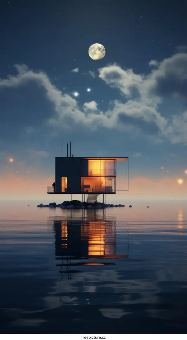Modern House on the Water at Night Under the Stars