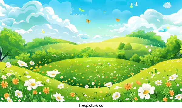Cartoon Landscape With Green Hills And Flowers