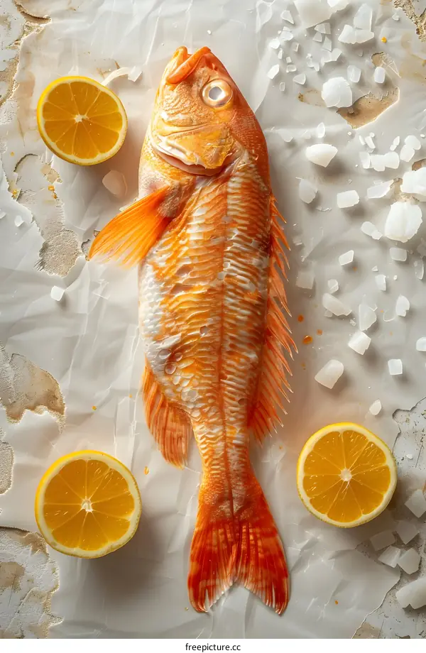 red fish with lemon slices on white surface