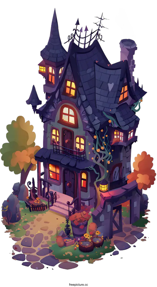 [Transparent Background PNG]Spooky Halloween House with Cobblestone Path and Autumn Leaves