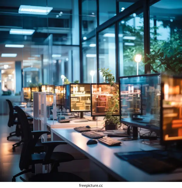 An empty office at night with computers on the desks