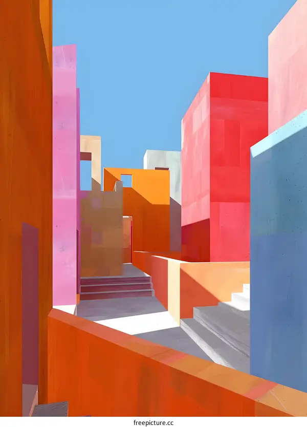 Abstract Minimalist Architecture Illustration with Colorful Geometric Shapes and a Blue Sky Background