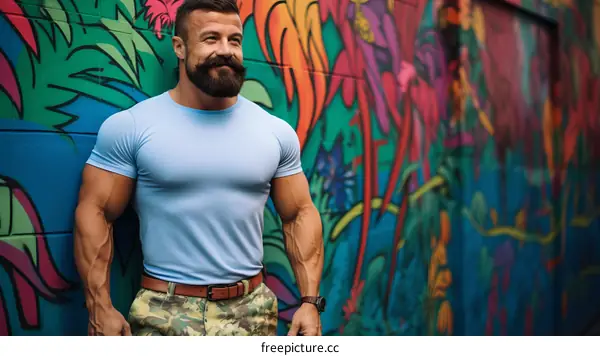 muscular man in blue shirt standing in front of colorful mural