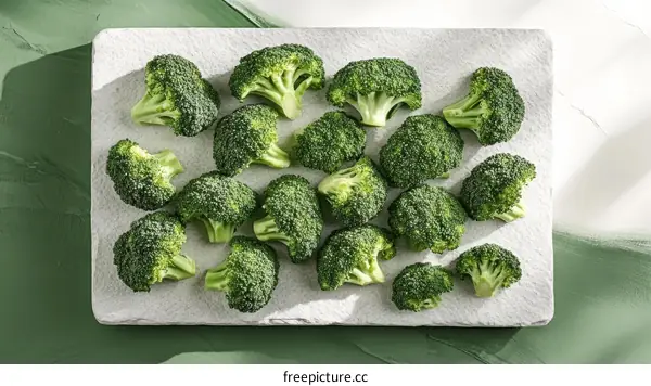 Fresh Broccoli Heads on a Light Gray Stone Board