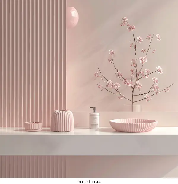 Bathroom vanity with pink ribbed vessel sink and accessories