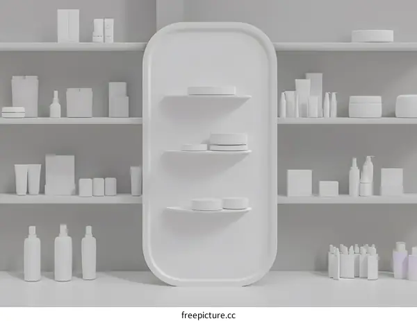 White Mockup Shelf With Cosmetics Products
