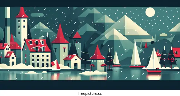 Snowy Winter Landscape with Village and Boats