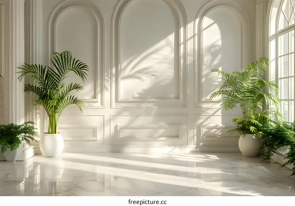 White room and indoor plants in sunlight