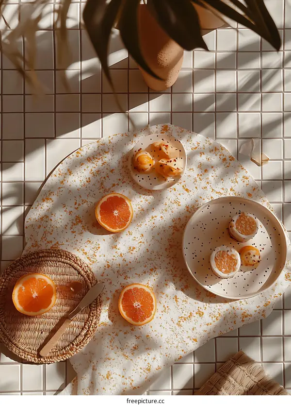 Orange Slices and Cakes on a White Tablecloth