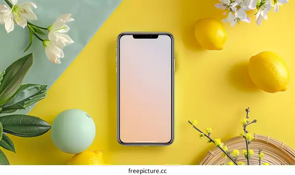 Mobile Phone Mockup with Yellow Background and Lemon