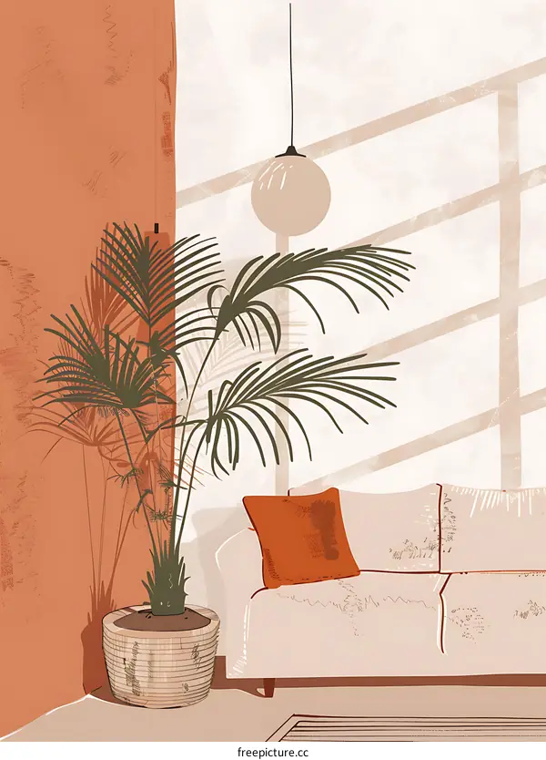 Minimalist Living Room with Palm Plant and Hanging Lamp