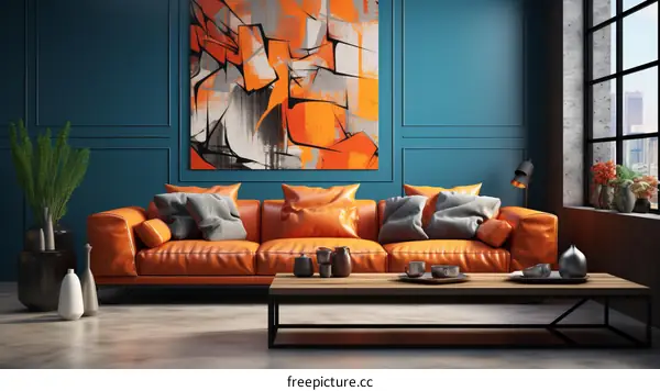 A stylish living room with a blue wall and an orange sofa