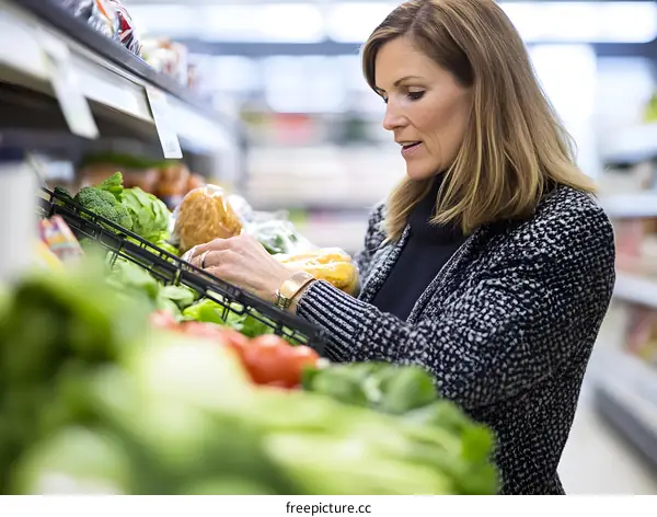 Woman Shopping for Vegetables in Supermarket