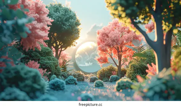 Dreamlike Fantasy Forest with Pink Trees and Azure Bushes