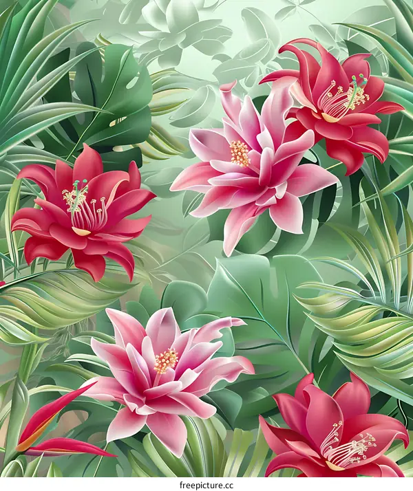 Tropical Flower Illustration with Pink and Red Flowers