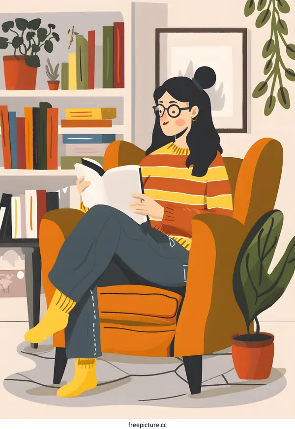 Woman Reading in a Cozy Armchair with Bookshelf and Plants