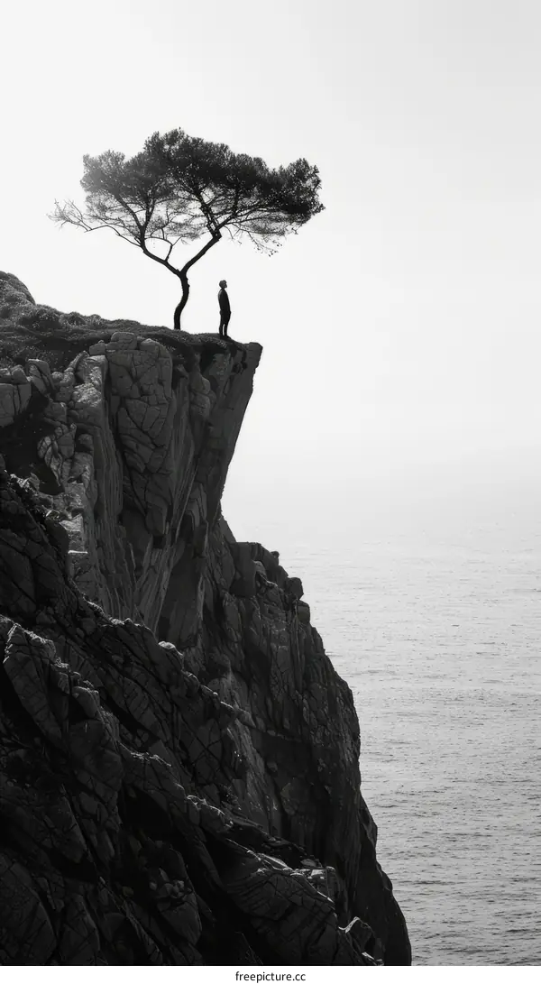 Man standing alone on a cliff overlooking the sea