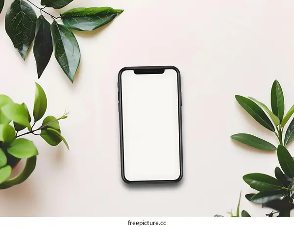 Top View of Phone Mockup with Green Leaves