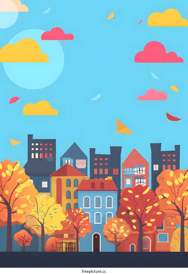 Autumn Cityscape Illustration with Colorful Buildings and Trees