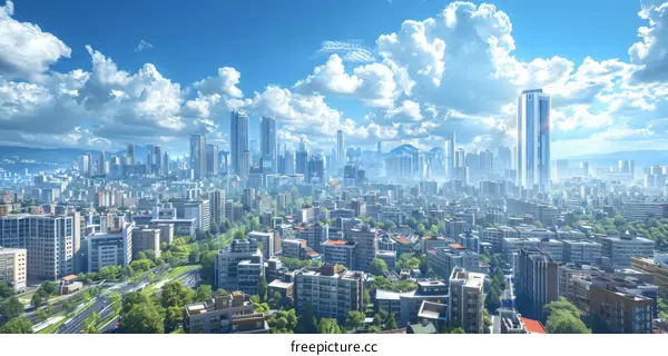 Modern City Skyline with Mountains