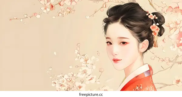 A beautiful illustration of a young woman in a traditional Korean dress, with cherry blossoms in the background.