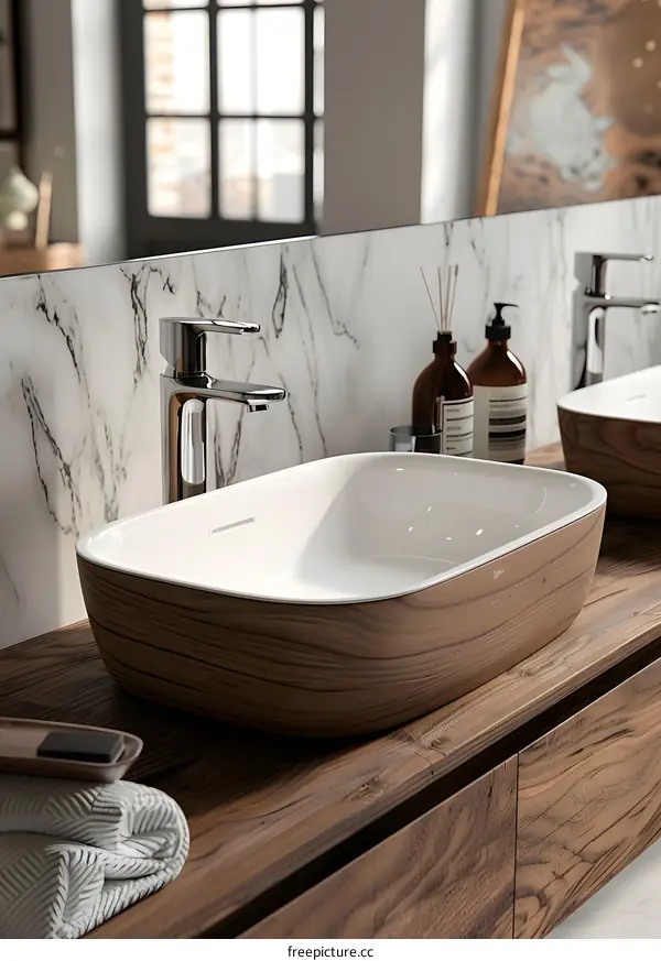 Ceramic basin on wooden bathroom cabinet