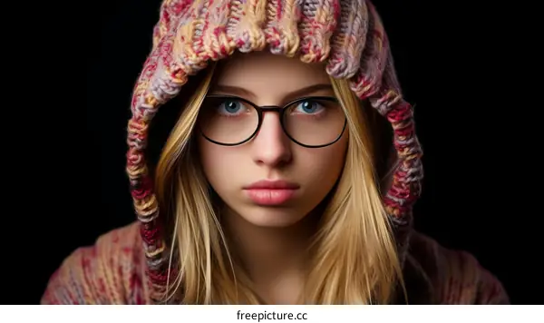 Portrait of a young blonde woman in a colorful hoodie