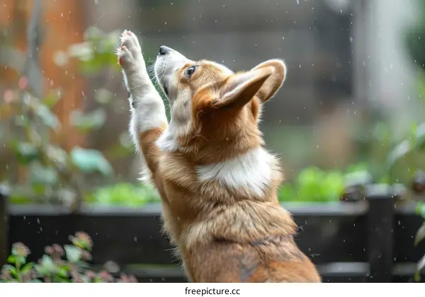A cute puppy is playing in the rain