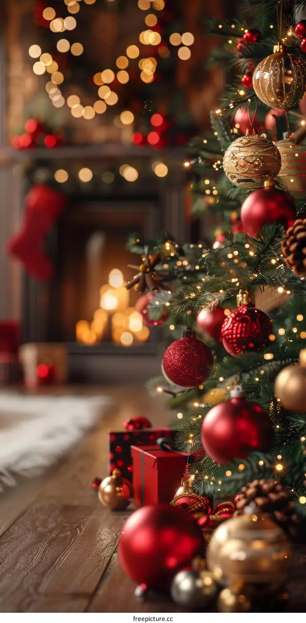 Christmas Tree Decorated with Red and Gold Ornaments