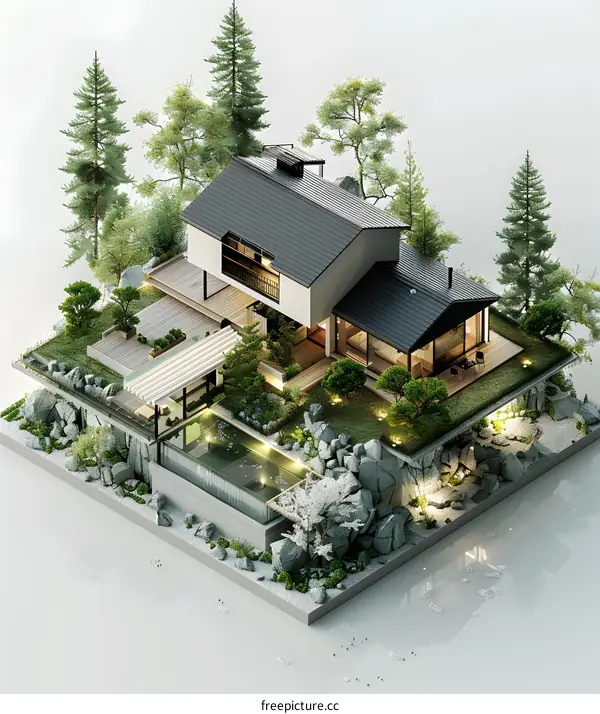 A modern house with a pool and a garden