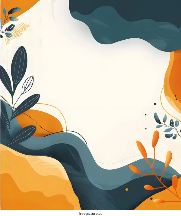 Abstract Background with Blue and Orange Wavy Shapes and Leaves