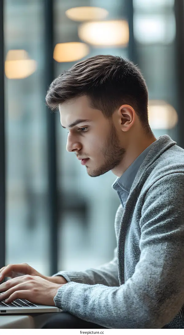 Young Man Working On Laptop Near Window In Office