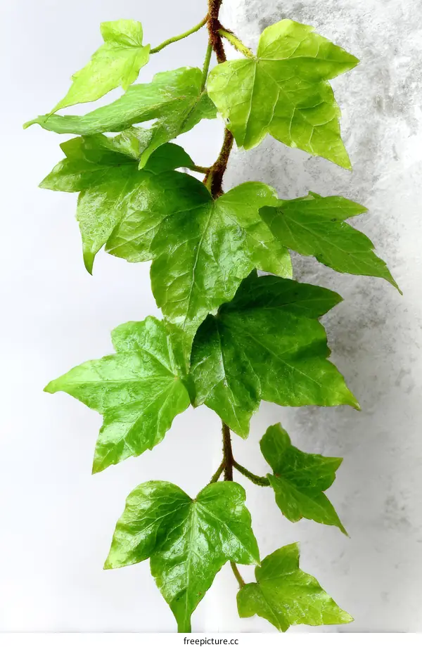 Closeup of Ivy Leaves Climbing a Light Gray Wall