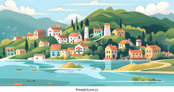 Summer Village Illustration with Blue Water and Green Hills