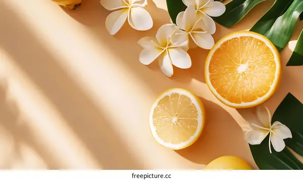 Citrus Fruits and White Flowers on Peach Background
