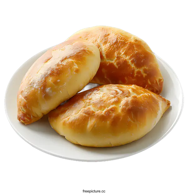 [Transparent Background PNG]three baked meat pies on a white plate