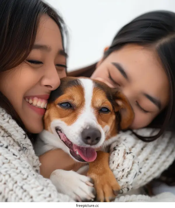 Two young Asian women cuddling a small dog