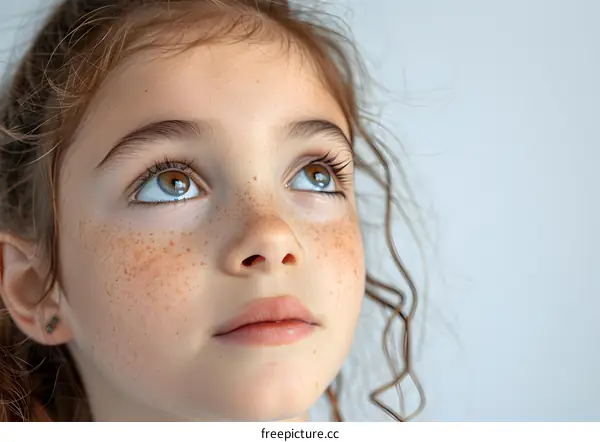 Close Up Portrait of a Little Girl with Freckles Looking Up