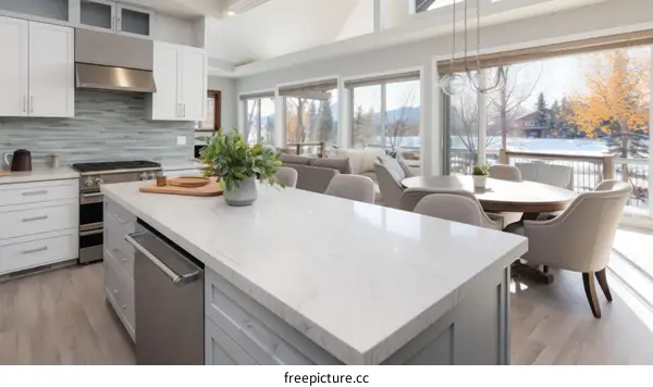 Modern Kitchen and Dining Room with Mountain Views