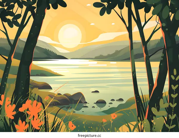 Sunset View of a Lake with Green Trees