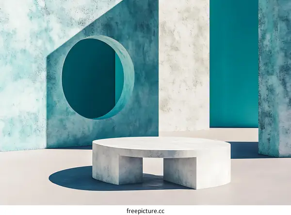 Abstract Minimalist 3D Design with Round White Platform and Blue Walls