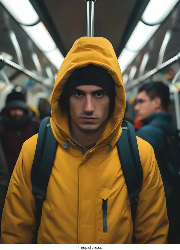 Man in Yellow Jacket on Subway