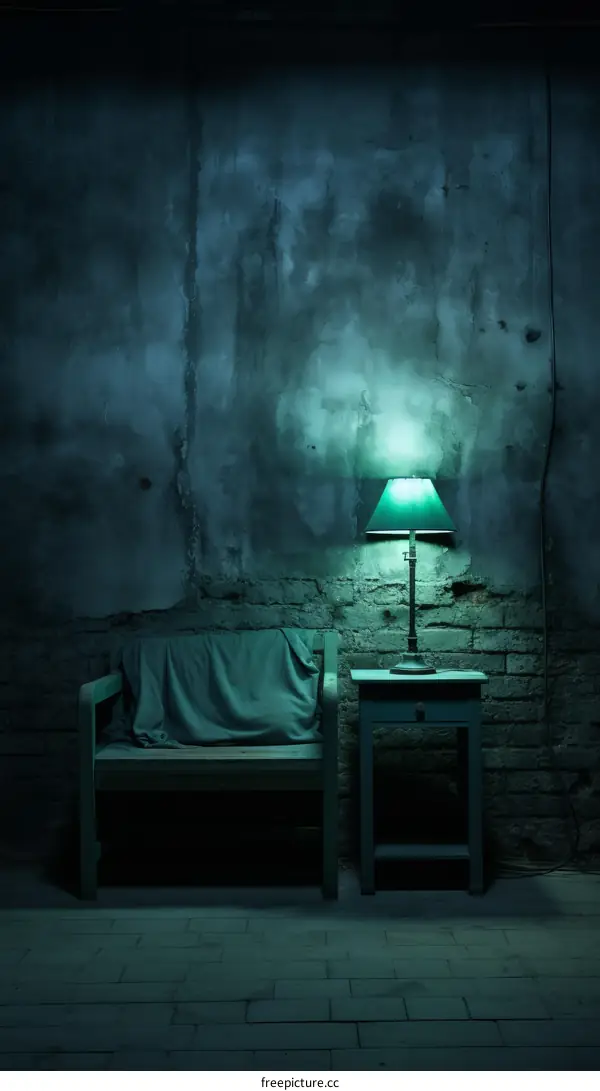 A dimly lit room with a single chair and table