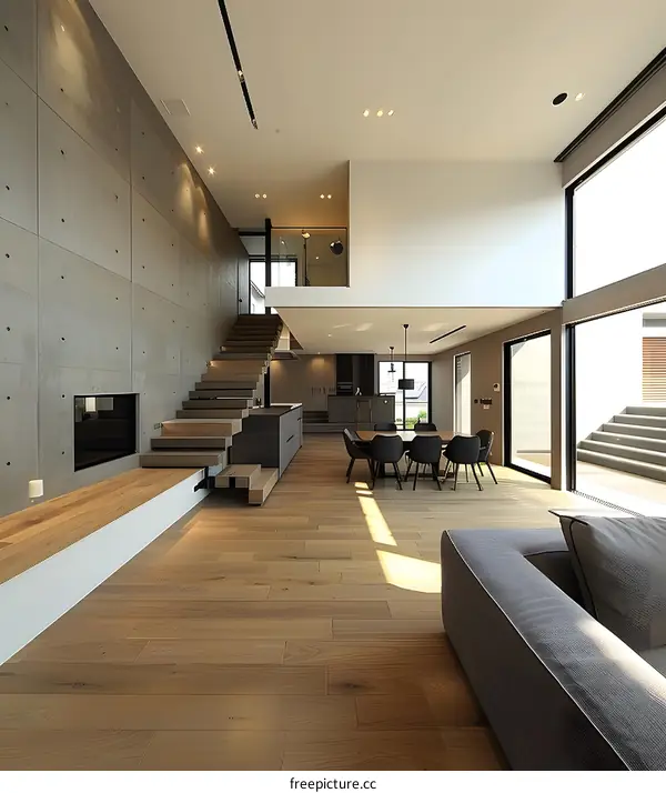 Modern Minimalist Concrete Wall Interior Design With Wooden Floor and Stairs