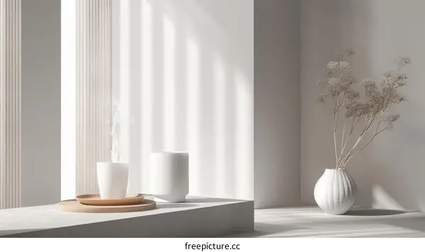 A ceramic vase and cup on a wooden table with a plant in the background