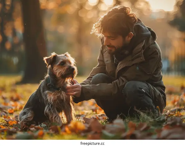 Man petting a dog in the park